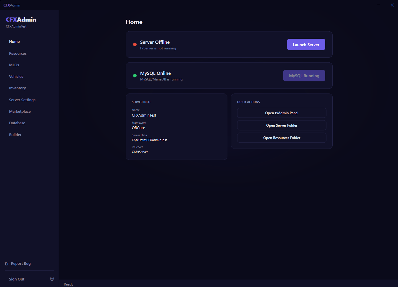CFXAdmin Dashboard — server status, quick actions, and MySQL monitoring