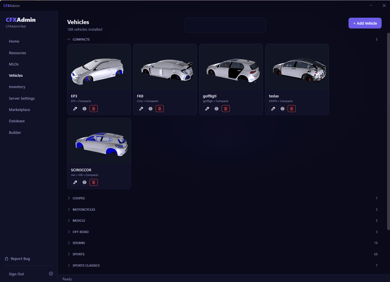 CFXAdmin Vehicle Manager showing 188 installed vehicles with 3D model previews grouped by category